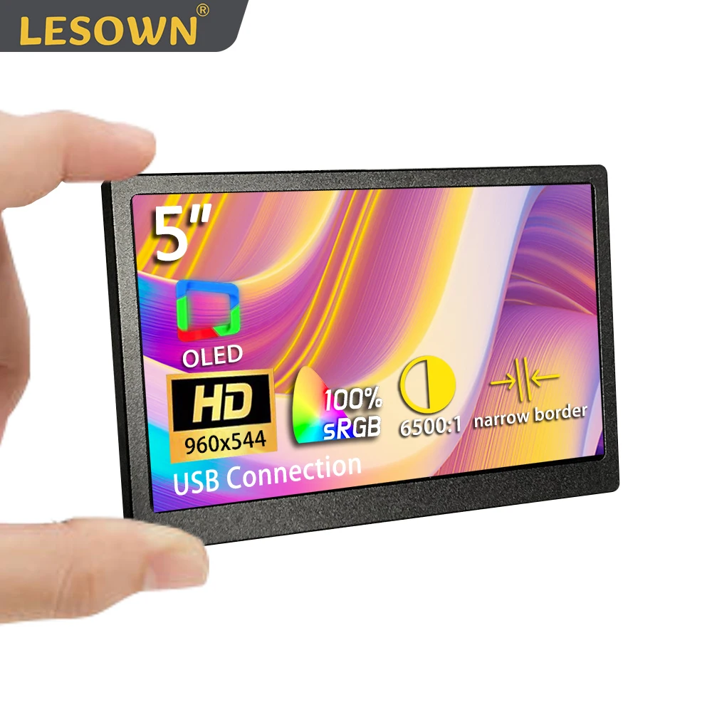 LESOWN 와이드 미니 휴대용 모니터, 윈도우용 소형 OLED 보조 화면 디스플레이, 5 인치 USB 연결 6500:1 100% sRGB