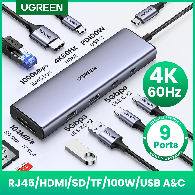 UGREEN USB C 허브 4K 60Hz 유형 C HDMI 2.0 RJ45 USB 3.0 PD 100W 어댑터 Macbook Air Pro iPad Pro M1 PC 액세서리 USB 허브