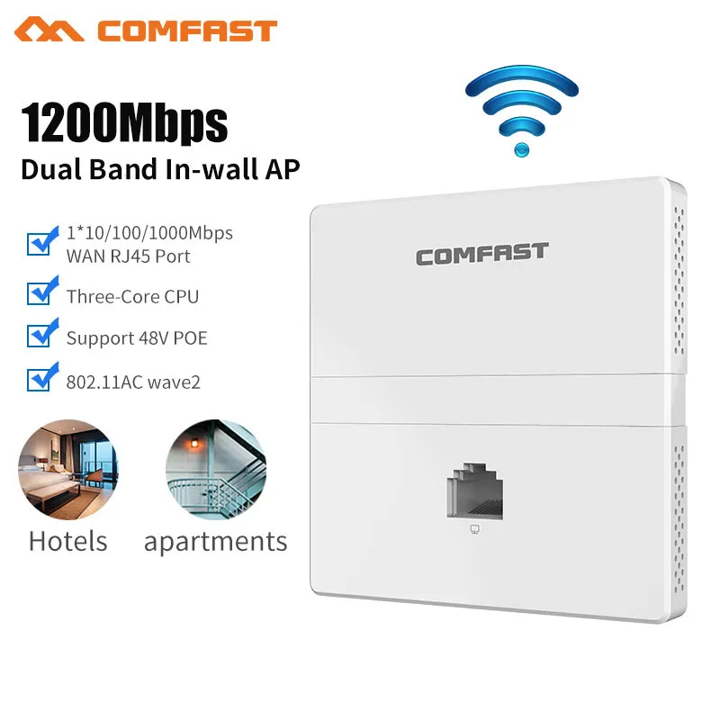 무선 듀얼 밴드 월 내 AP 2.4 + 5.8Ghz 기가비트 이더넷 액세스 포인트 802.11 AC 호텔 홈 RJ45 랜 라우터 리피터, 1200Mbps