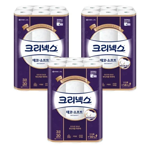 정성스럽게 준비한 크리넥스 3겹 데코앤소프트 화장지 27Mx24롤X3팩 실시간 인기