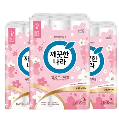 왜 인기있는지 알고싶은 깨끗한나라 벚꽃 프리미엄 28m 30롤 X 3팩 실시간 인기