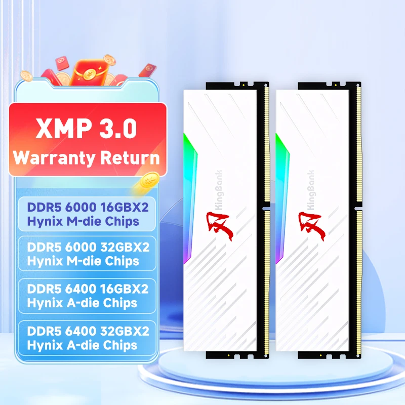 주간인기 KingBank 브랜드 시리즈 DDR5 RGB RAM 메모리 DDR5 RAM PC 16GB 32GB 64GB 6000MHz 6400 MHz RAM 데스크탑 흰색 하이닉스 칩 정직하게 소개해보겠습니다