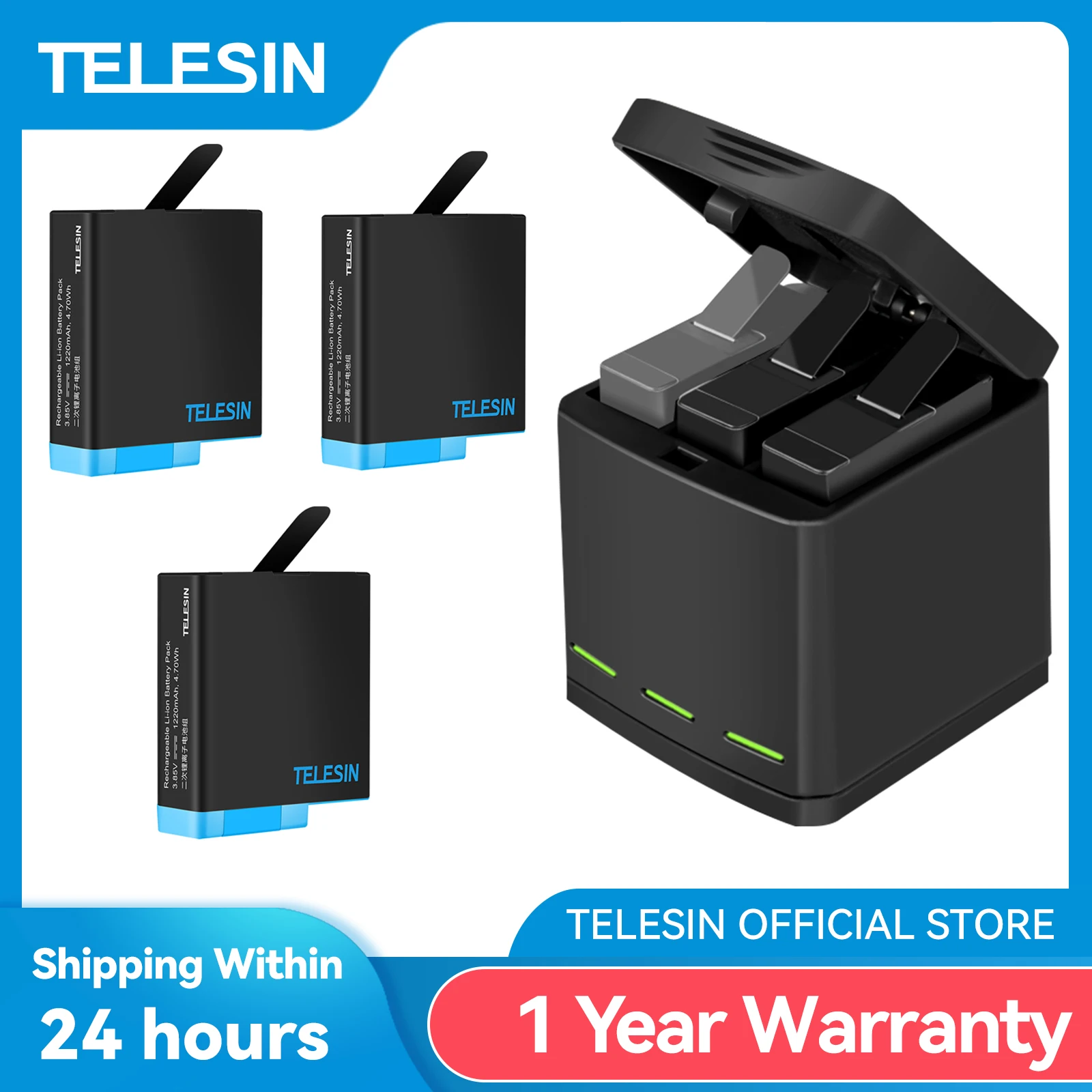 클릭필수 TELESIN 고프로 히어로 5 6 7 8 블랙 카메라용 LED 라이트 배터리 충전기 보관함 전합니다