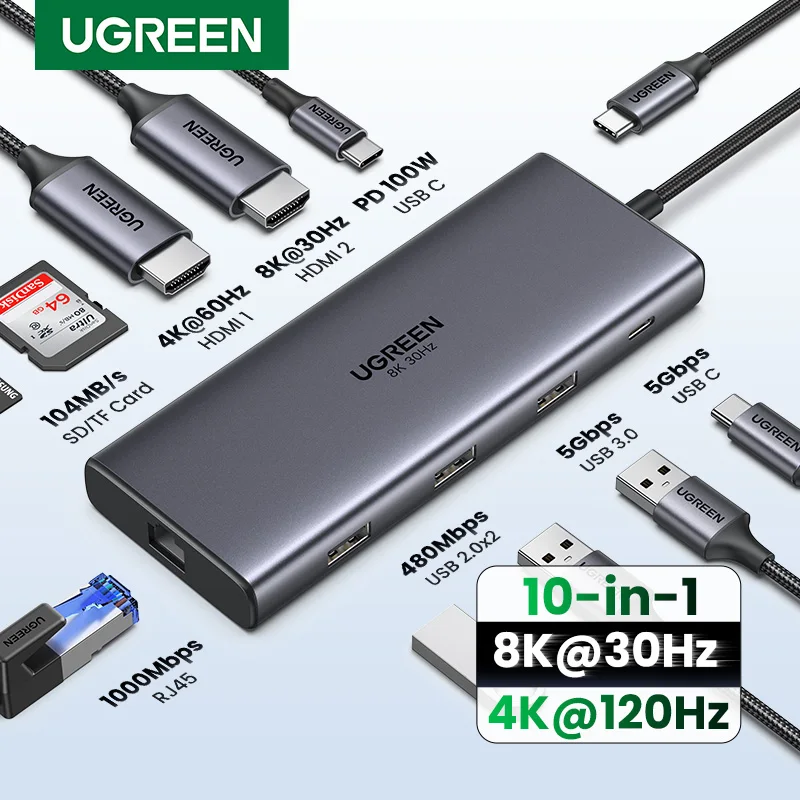 혜택ON UGREEN 듀얼 HDMI USB-C 허브 8K 4K HDMI 어댑터 MacBook Pro Air 노트북 USB 허브용 RJ45 USB3.0 PD 100W 도크가 포함된 10 in 1 분배기 확인해보세요