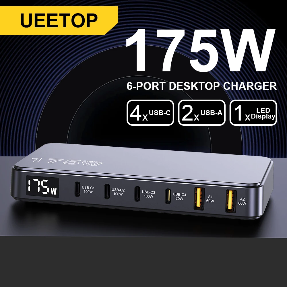 빠르게 확인 하세요! 맥북 삼성 아이폰용 Ueetop 175W GaN USB C 충전기 LED 디스플레이 6포트 데스크탑 충전기 타입 C PD 100W PPS 45W 고속 충전 확인해보세요