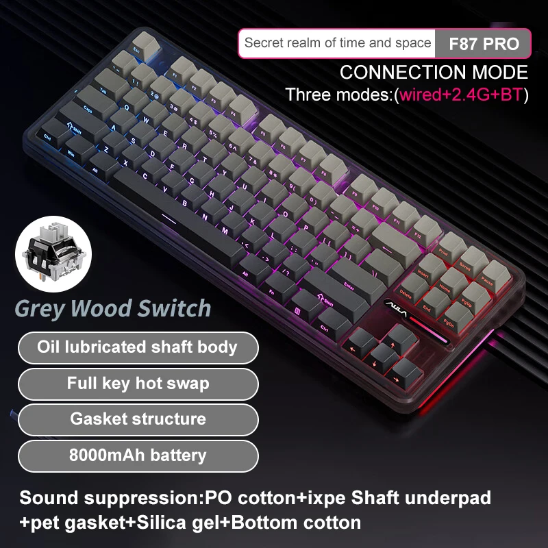 많을까요? AULA F87 Pro 기계식 키보드 2.4g/Usb/블루투스 트라이 모드 무선 87 키 Rgb Pbt 가스켓 5 레이어 침묵 전체 키 충격 없음 아쉬움이 없습니다