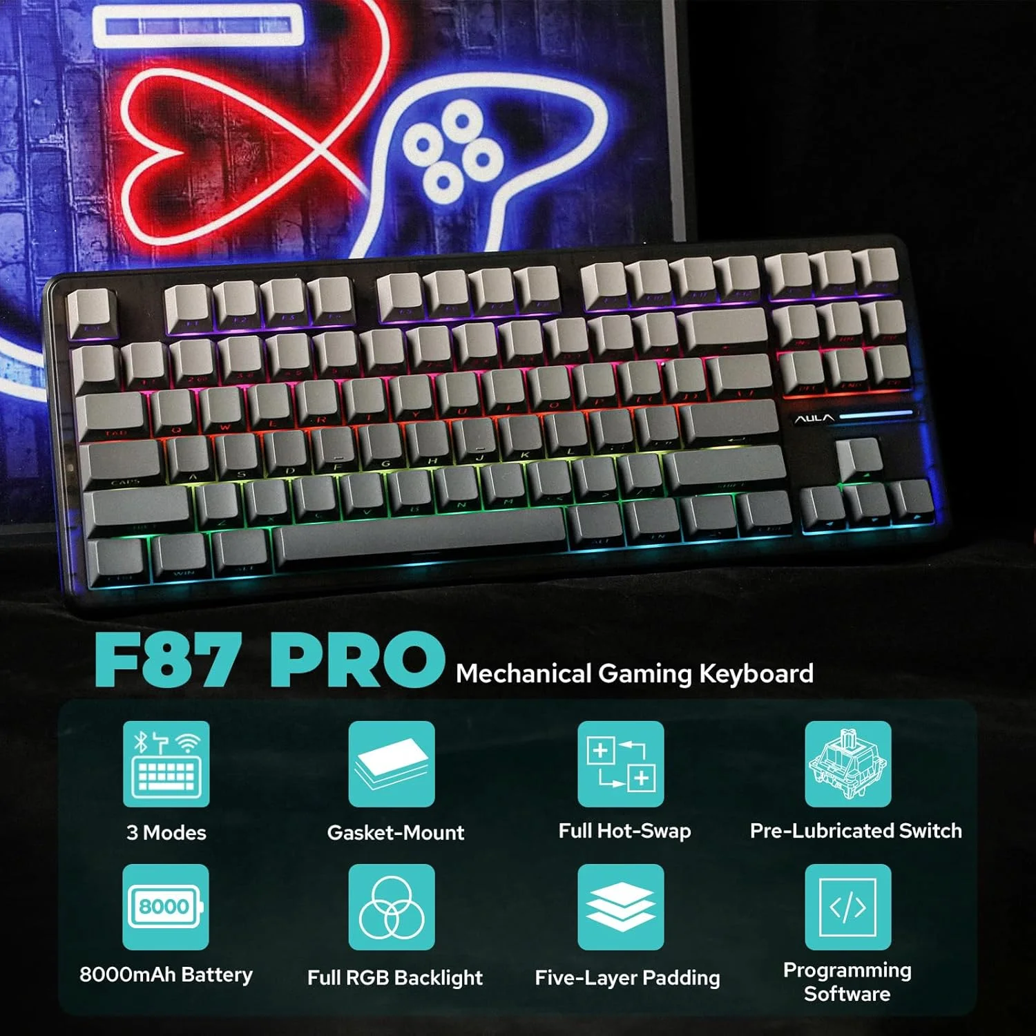설레는 이유는 “이거” AULA F87 Pro 기계식 키보드 3 모드 2.4G/USB/블루투스 트라이 모드 무선 게임용 키보드 87 키 핫스왑 RGB 가스켓 키보드 관심이 뜨거운 이유 입니다