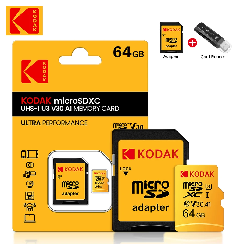 놓치지말고 Kodak 마이크로 SD 카드 메모리 카드 클래스 10 64GB U3 4K 고속 Cartao De Memoria 플래시 메모리 TF Mecard C10 카드 리더기 용 30초면 확인 가능합니다
