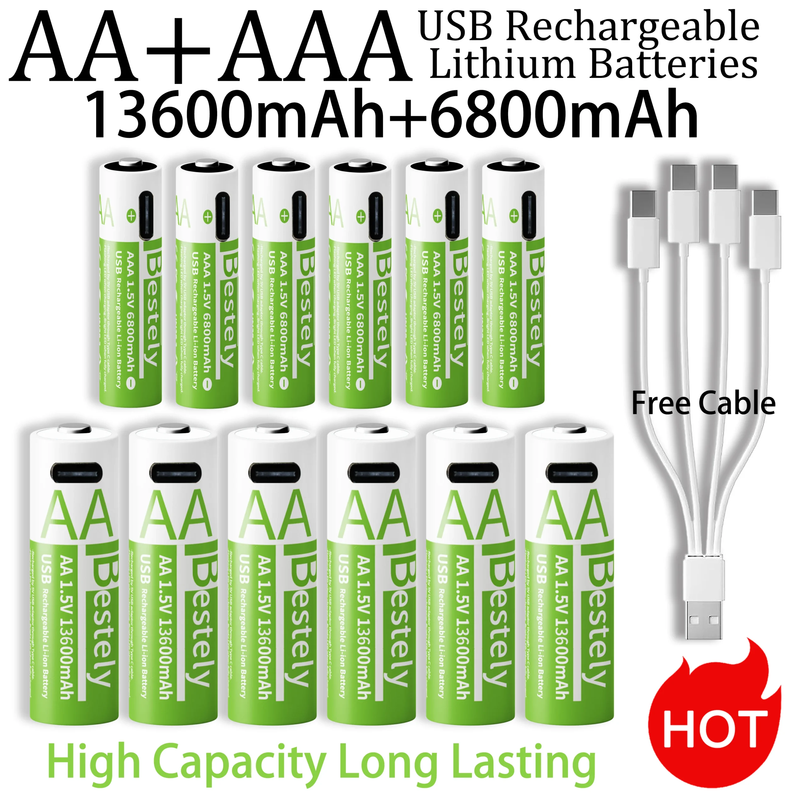 연합전 새로운 1.5V AA 13600mAh+AAA 6800mAh 충전식 리튬 배터리 무료 USB-C 케이블로 고속 충전 리튬 이온 배터리 2000 사이클 클릭해보세요